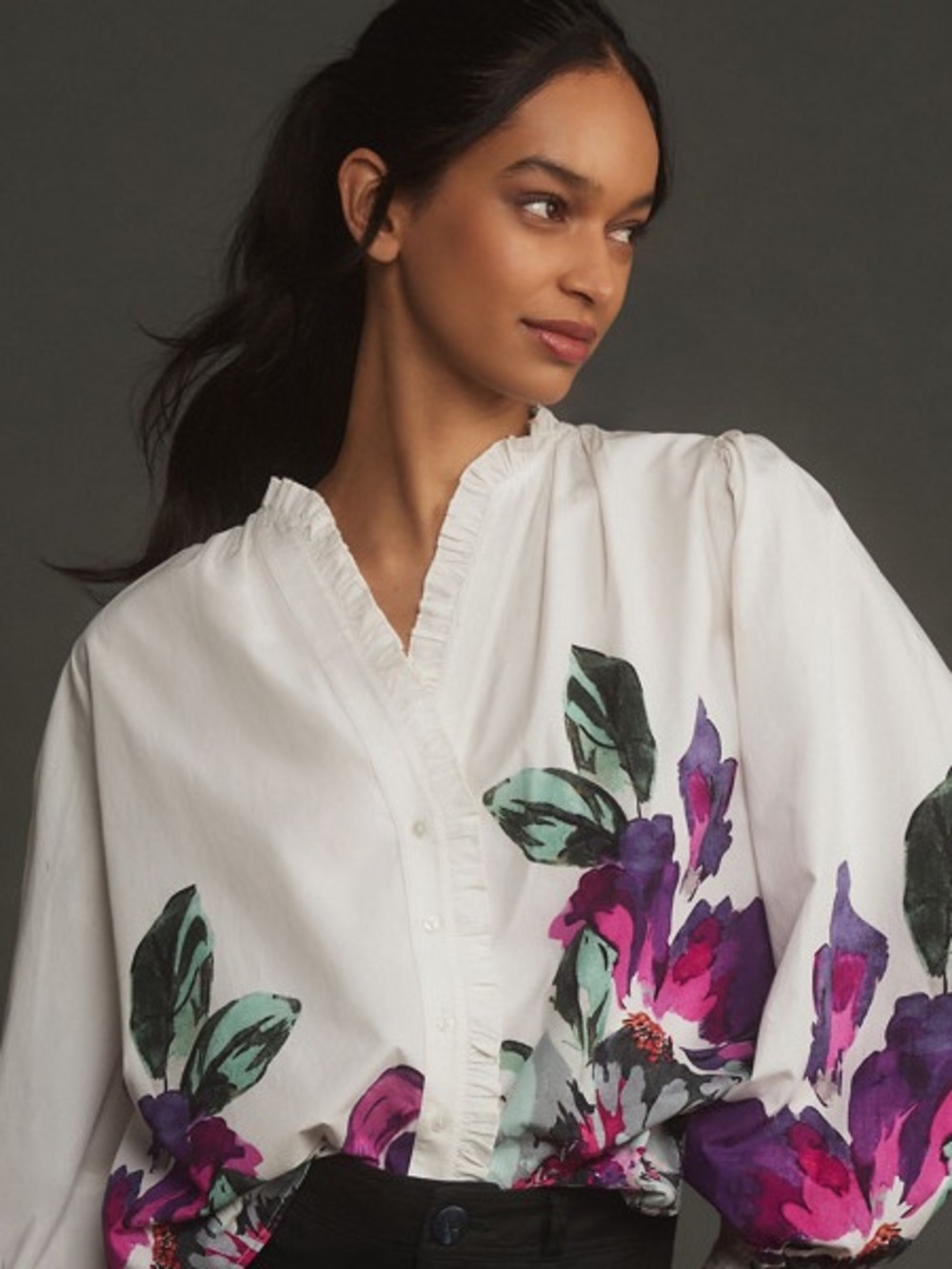 Nwot Forever that girl White Floral Button-Up Blouse with Purple & Green Print